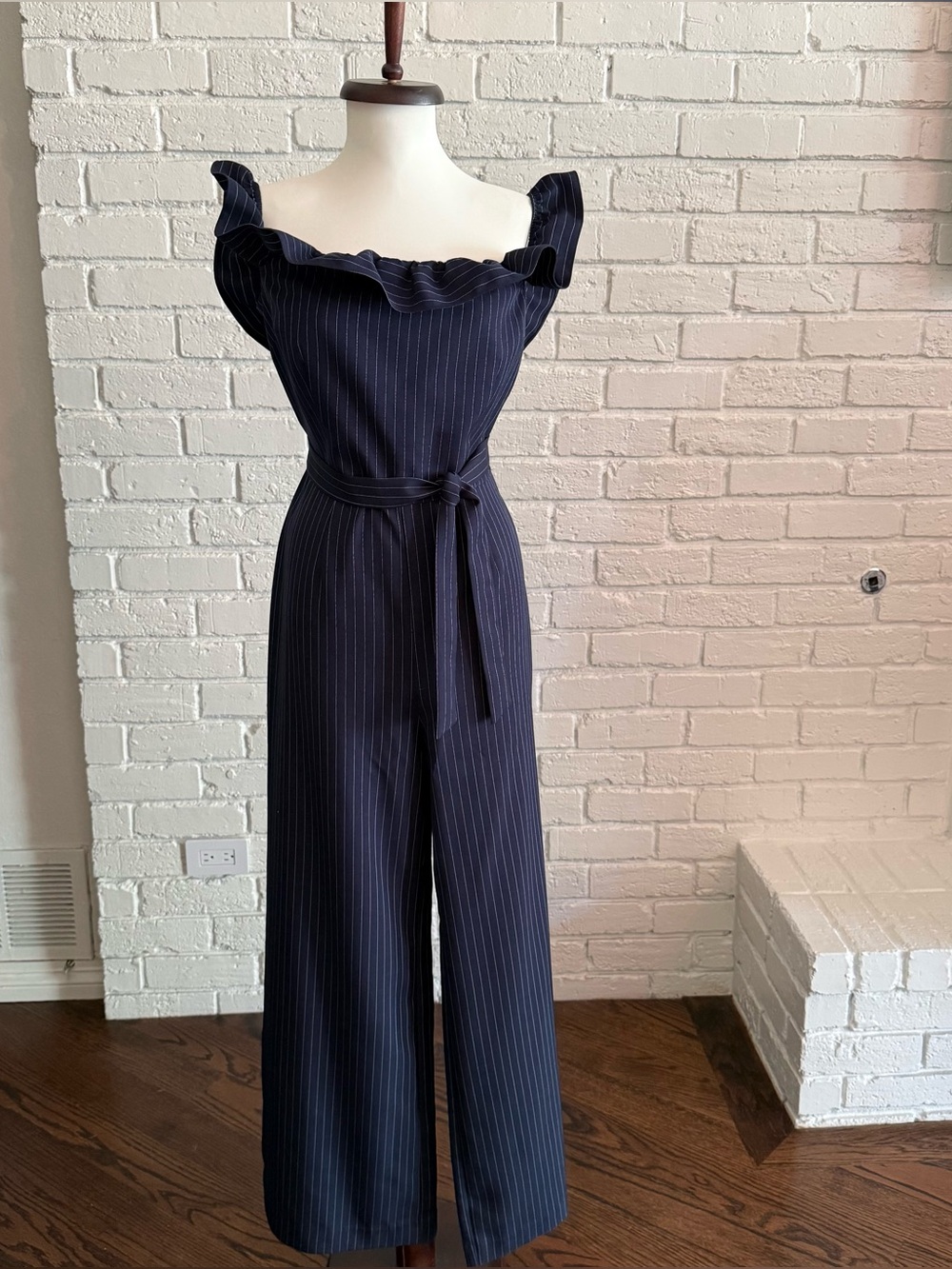 Tahari Navy Pinstripe Off-Shoulder Jumpsuit with Waist Tie